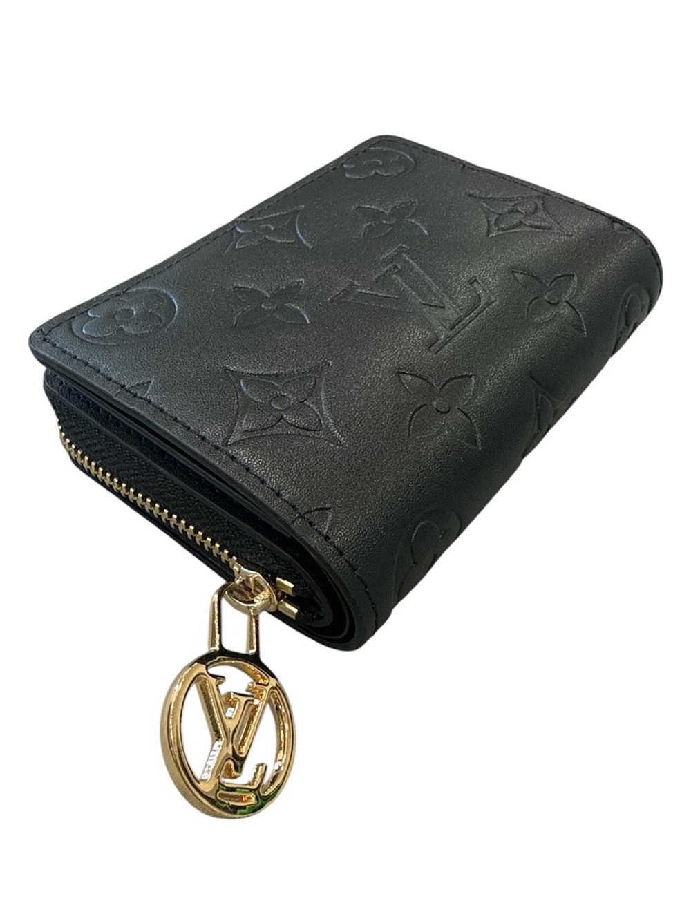 Black Embossed Monogram Compact Wallet with Gold LV Charm
